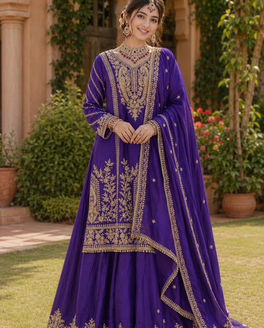 PURPLE - Embroidered and Thread Work Chinon Readymade Salwar Suit In Purple for Ceremonial